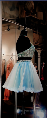 Two Pieces Light Blue Short High Neck Open Back Rhinestones Mid Section Sky Blue Semi Formal Prom Dresses